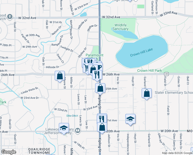 map of restaurants, bars, coffee shops, grocery stores, and more near 10040 West 26th Avenue in Lakewood