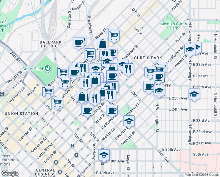 map of restaurants, bars, coffee shops, grocery stores, and more near 2360 Curtis Street in Denver
