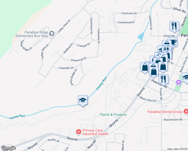 map of restaurants, bars, coffee shops, grocery stores, and more near 5815 Acorn Ridge Drive in Paradise