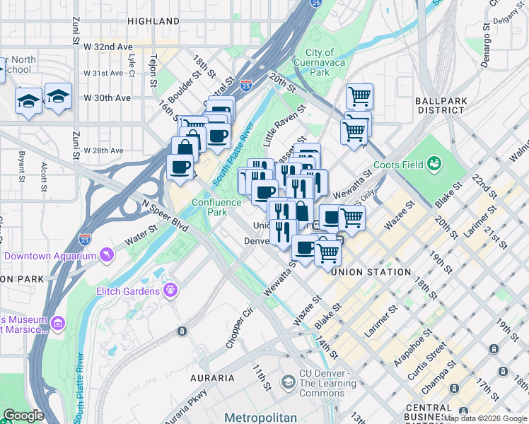 map of restaurants, bars, coffee shops, grocery stores, and more near 2100 16th Street Mall in Denver