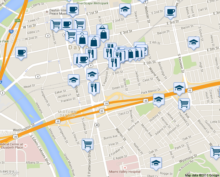 map of restaurants, bars, coffee shops, grocery stores, and more near 35 Green Street in Dayton