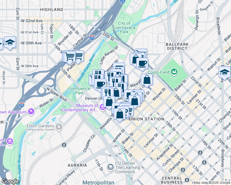 map of restaurants, bars, coffee shops, grocery stores, and more near 1920 17th Street in Denver