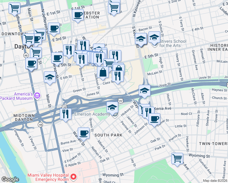 map of restaurants, bars, coffee shops, grocery stores, and more near in Dayton