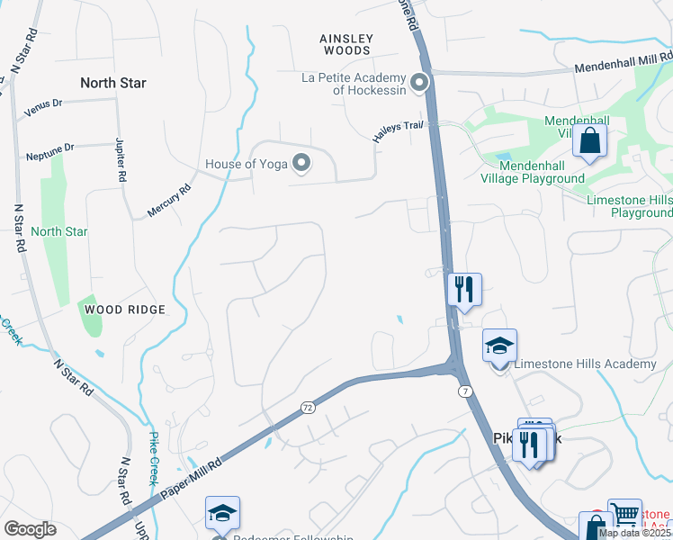 map of restaurants, bars, coffee shops, grocery stores, and more near 36 Willow Creek Lane in Newark
