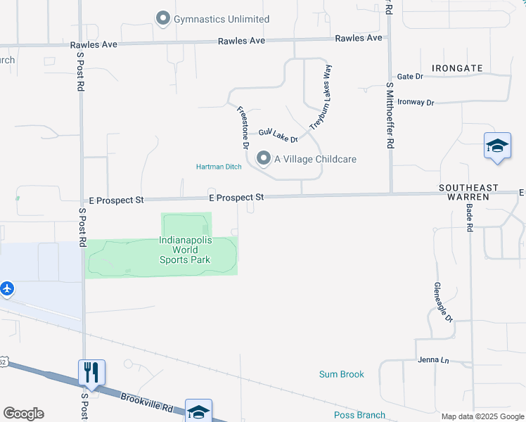 map of restaurants, bars, coffee shops, grocery stores, and more near 9539 East Prospect Street in Indianapolis