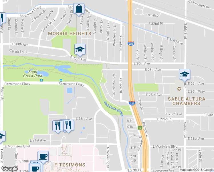 map of restaurants, bars, coffee shops, grocery stores, and more near 13428 Fitzsimons Way in Aurora