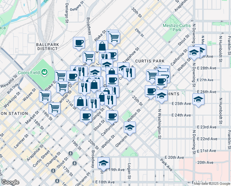 map of restaurants, bars, coffee shops, grocery stores, and more near in Denver