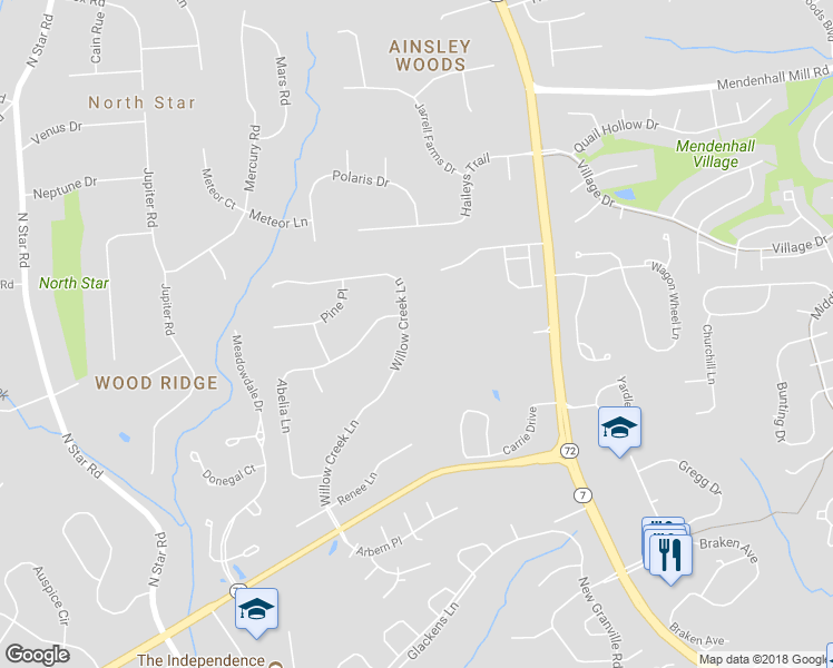 map of restaurants, bars, coffee shops, grocery stores, and more near 36 Willow Creek Lane in Newark