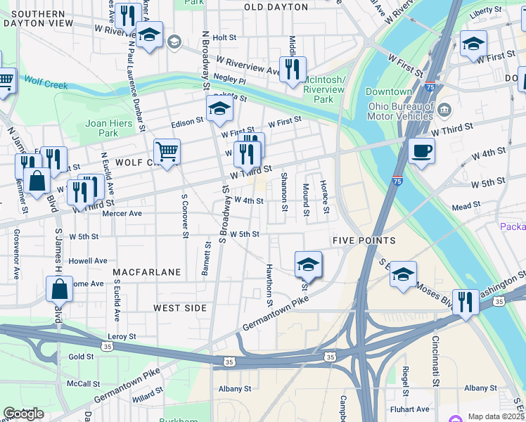 map of restaurants, bars, coffee shops, grocery stores, and more near 17 Hawthorn Street in Dayton