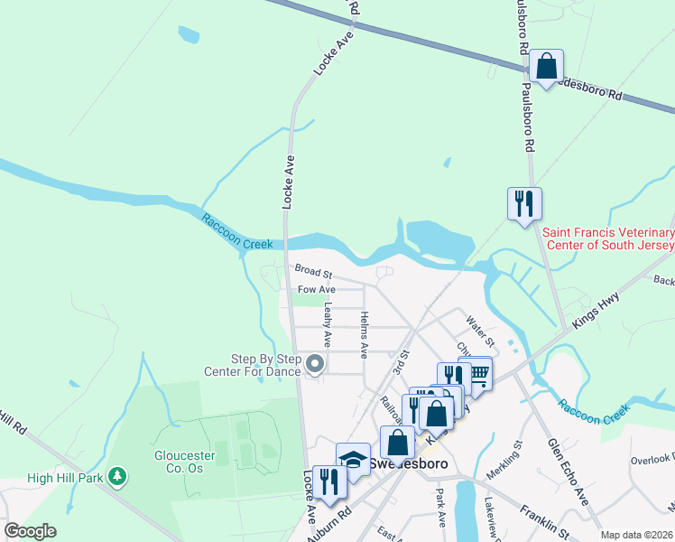 map of restaurants, bars, coffee shops, grocery stores, and more near 409 Broad Street in Swedesboro
