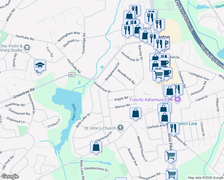 map of restaurants, bars, coffee shops, grocery stores, and more near 410 Greenview Drive in Washington Township