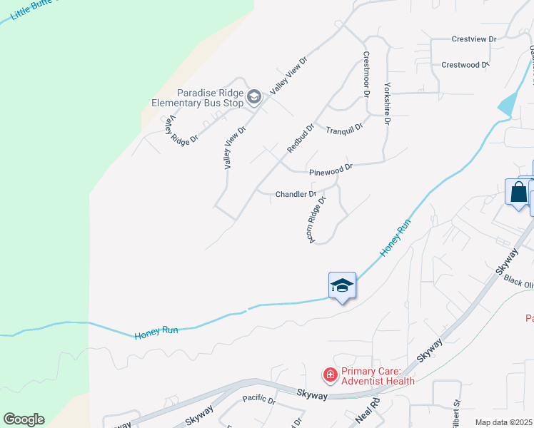 map of restaurants, bars, coffee shops, grocery stores, and more near 230 Chandler Drive in Paradise