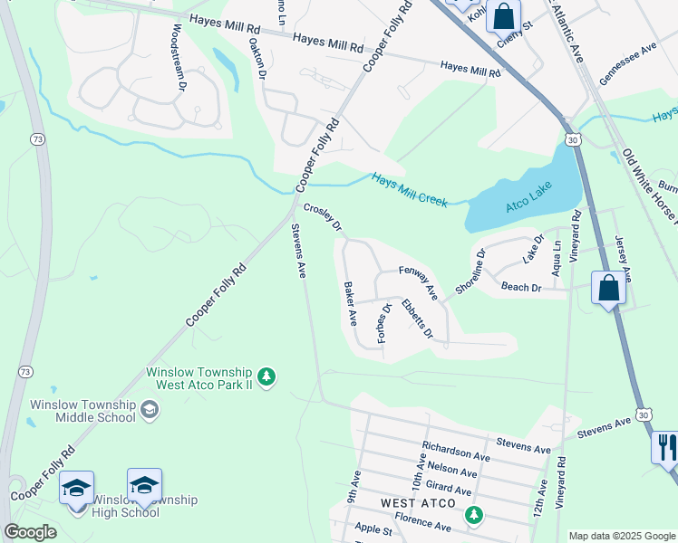 map of restaurants, bars, coffee shops, grocery stores, and more near 159 Baker Avenue in Atco