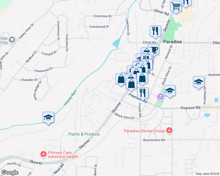 map of restaurants, bars, coffee shops, grocery stores, and more near 543 Barbara Way in Paradise