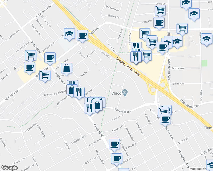 map of restaurants, bars, coffee shops, grocery stores, and more near 363 Rio Lindo Avenue in Chico