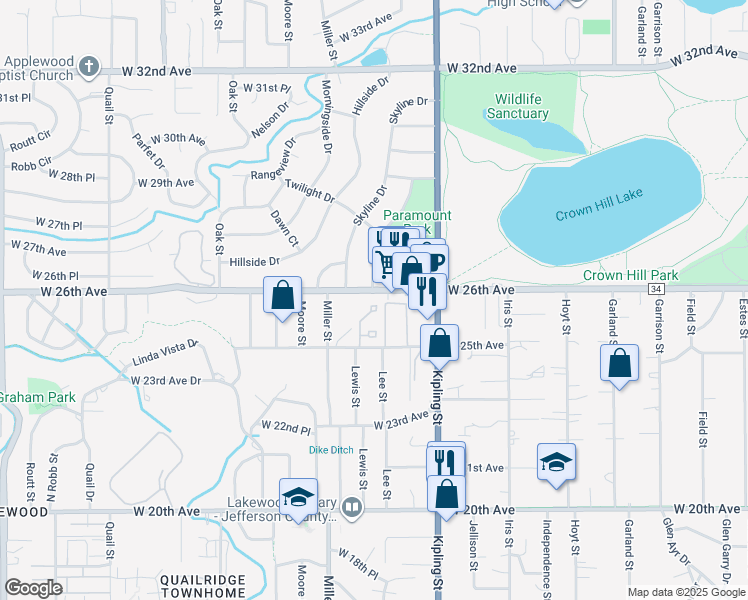 map of restaurants, bars, coffee shops, grocery stores, and more near 10200 County Road 34 in Wheat Ridge