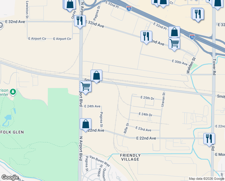 map of restaurants, bars, coffee shops, grocery stores, and more near 2470 Airport Boulevard in Aurora