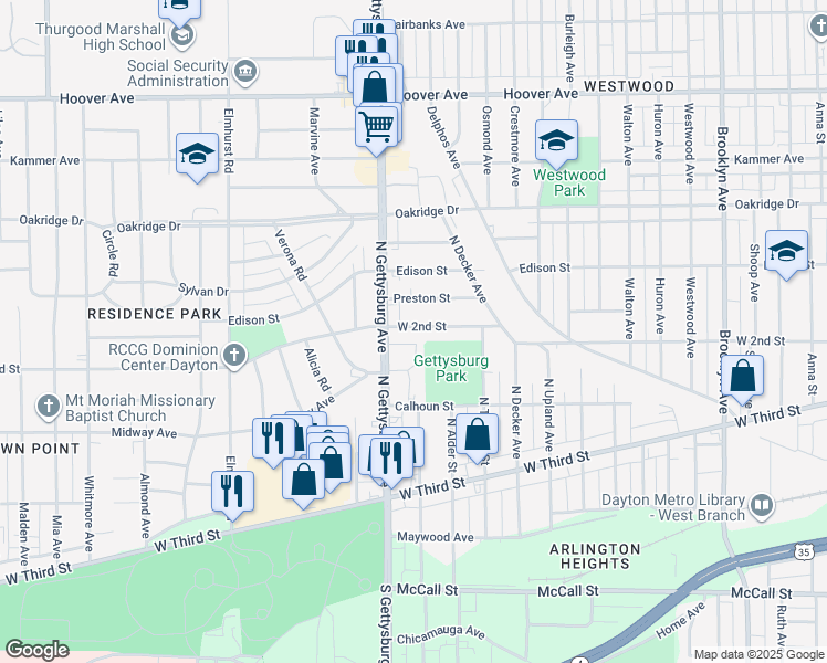 map of restaurants, bars, coffee shops, grocery stores, and more near 3728 West 2nd Street in Dayton