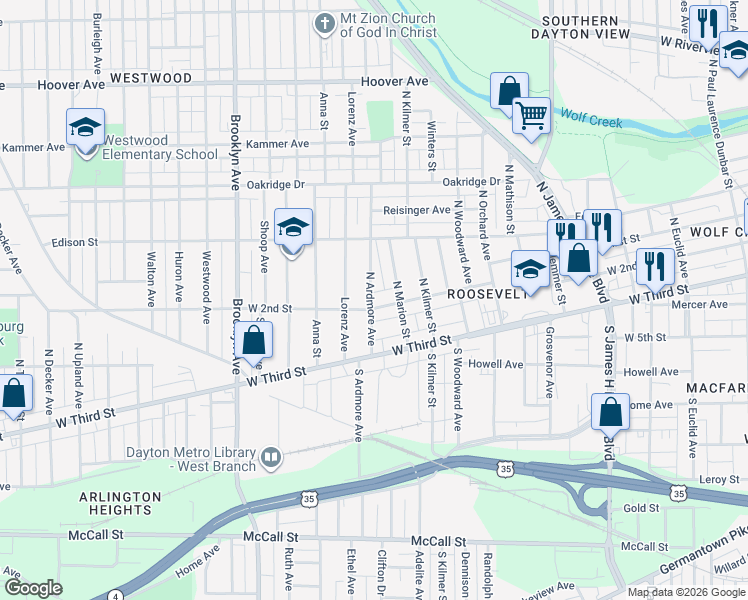 map of restaurants, bars, coffee shops, grocery stores, and more near 2429 West 2nd Street in Dayton