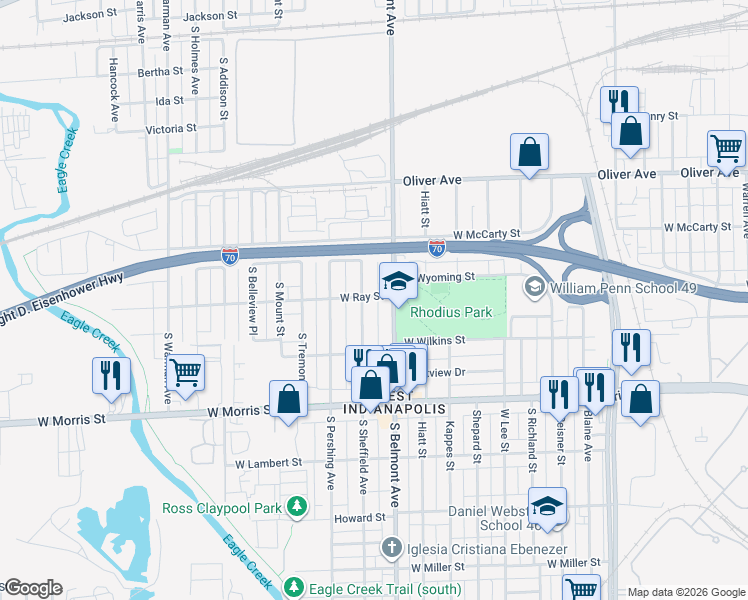 map of restaurants, bars, coffee shops, grocery stores, and more near 2131 West Ray Street in Indianapolis