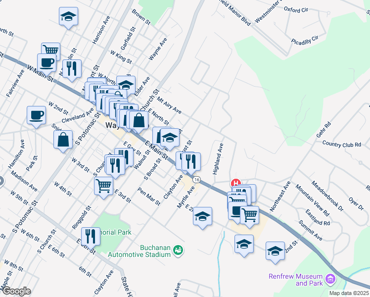 map of restaurants, bars, coffee shops, grocery stores, and more near 118 Locust Street in Waynesboro