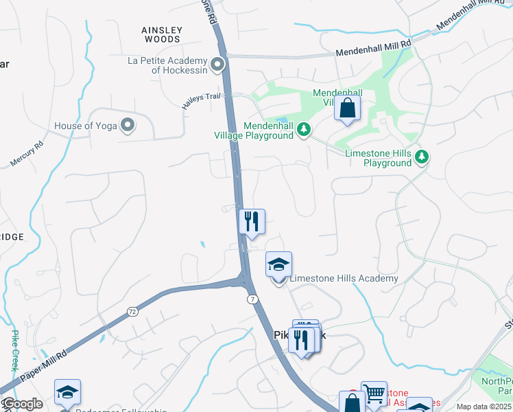 map of restaurants, bars, coffee shops, grocery stores, and more near 121 Pumpkin Patch Lane in Hockessin