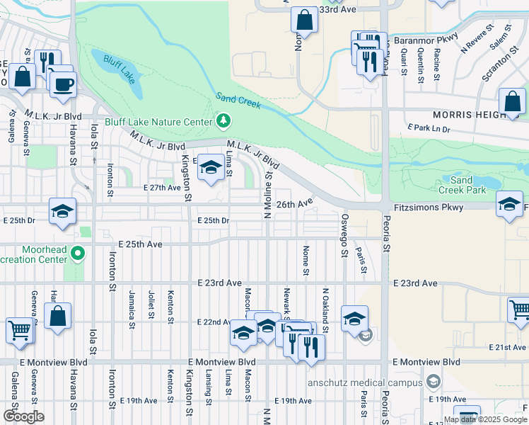 map of restaurants, bars, coffee shops, grocery stores, and more near 2577 Moline Street in Aurora
