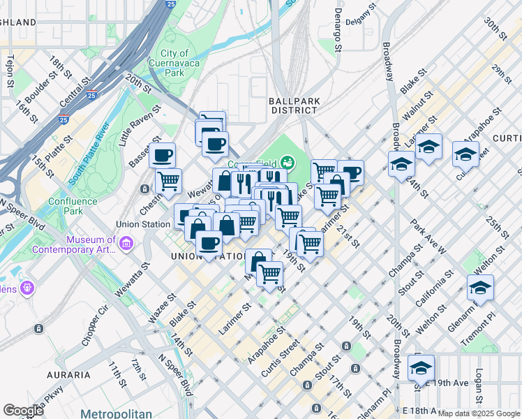 map of restaurants, bars, coffee shops, grocery stores, and more near 1962 Wazee Street in Denver