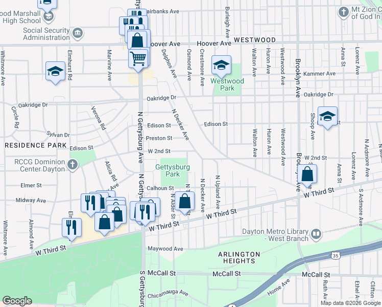 map of restaurants, bars, coffee shops, grocery stores, and more near 3508 West 2nd Street in Dayton