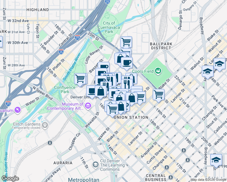 map of restaurants, bars, coffee shops, grocery stores, and more near 1750 Wewatta Street in Denver
