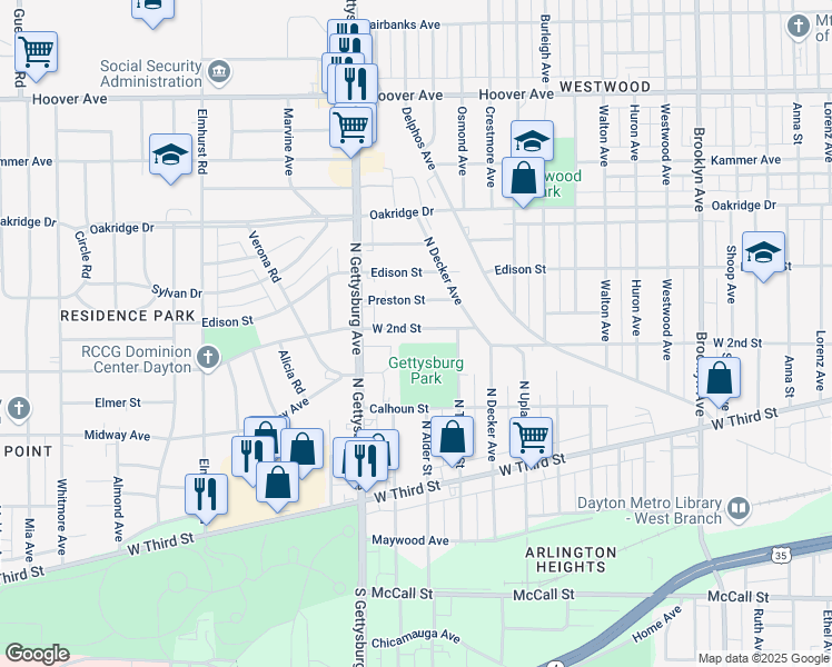 map of restaurants, bars, coffee shops, grocery stores, and more near 3702 West 2nd Street in Dayton