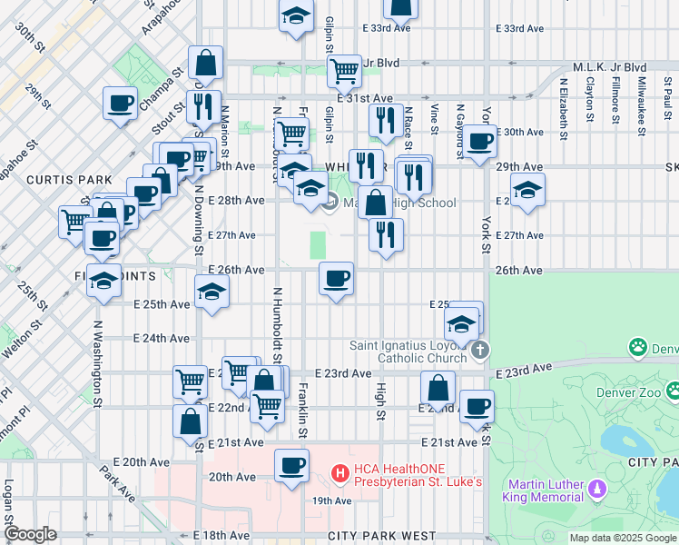 map of restaurants, bars, coffee shops, grocery stores, and more near 1726 East 26th Avenue in Denver