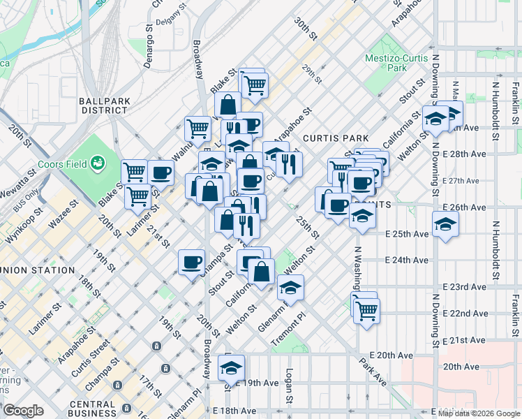 map of restaurants, bars, coffee shops, grocery stores, and more near in Denver
