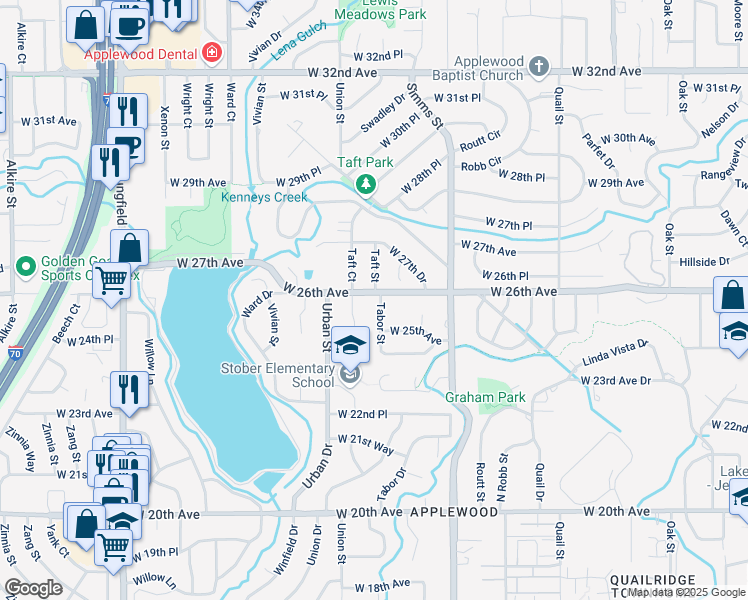 map of restaurants, bars, coffee shops, grocery stores, and more near 2585 Tabor Street in Lakewood