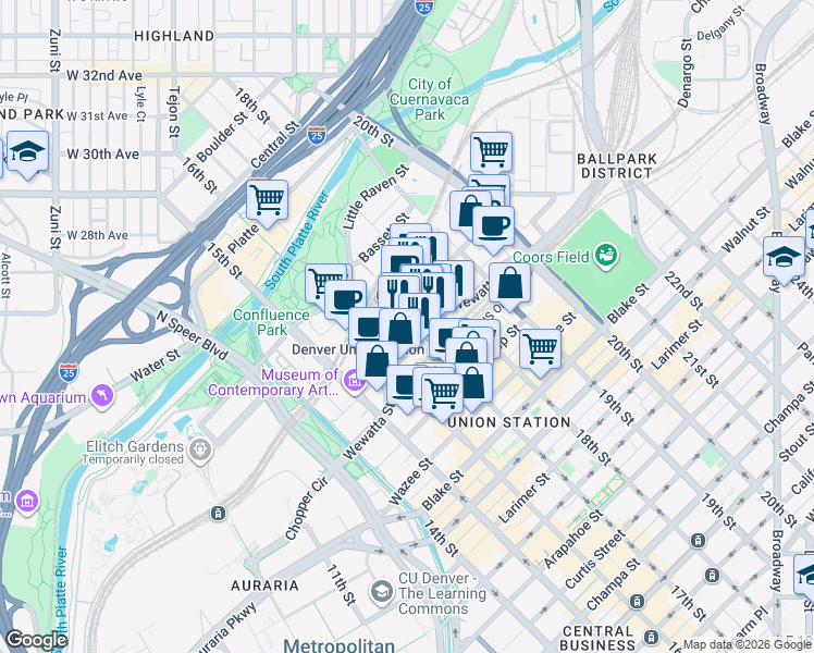 map of restaurants, bars, coffee shops, grocery stores, and more near 1920 17th Street in Denver