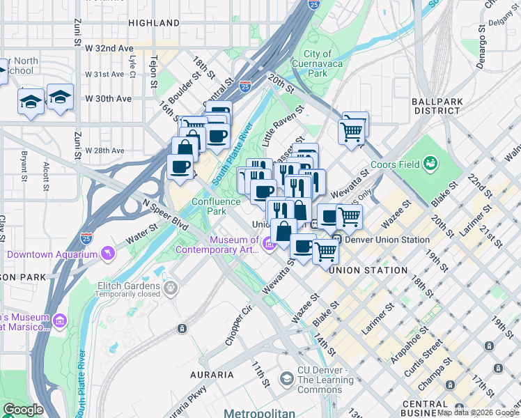 map of restaurants, bars, coffee shops, grocery stores, and more near 2100 16th Street Mall in Denver