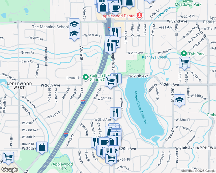 map of restaurants, bars, coffee shops, grocery stores, and more near 12898 West 26th Avenue in Golden