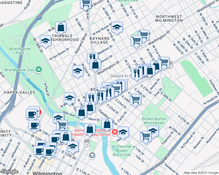 map of restaurants, bars, coffee shops, grocery stores, and more near in Wilmington
