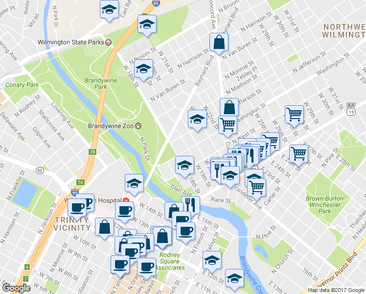 map of restaurants, bars, coffee shops, grocery stores, and more near 1909 Washington Street in Wilmington