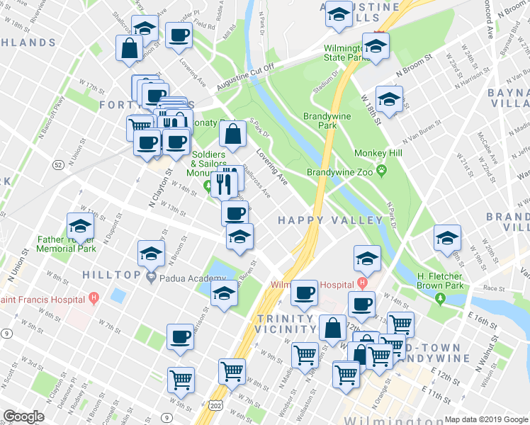map of restaurants, bars, coffee shops, grocery stores, and more near 1203 Gilpin Avenue in Wilmington