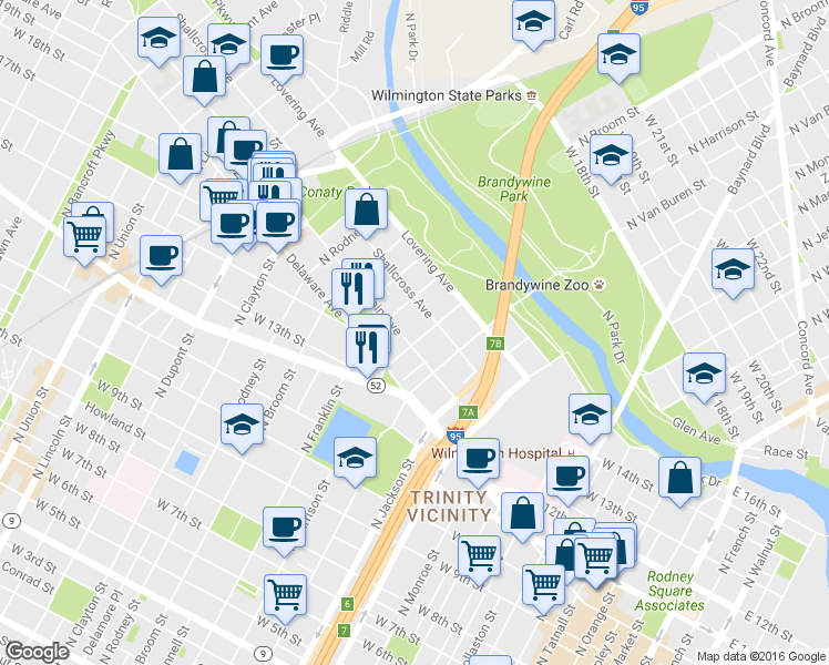map of restaurants, bars, coffee shops, grocery stores, and more near 1203 Gilpin Avenue in Wilmington