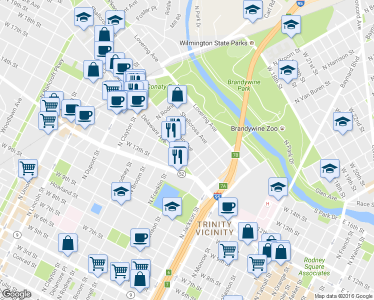 map of restaurants, bars, coffee shops, grocery stores, and more near 501 West 14th Street in Wilmington