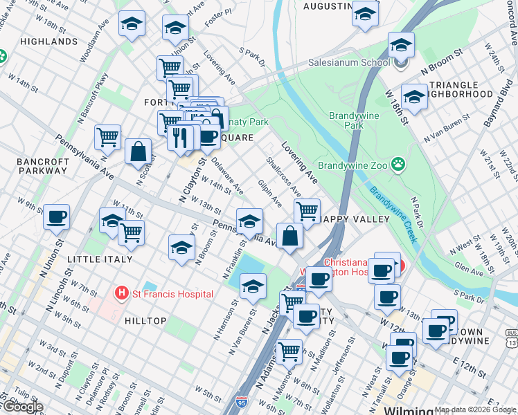 map of restaurants, bars, coffee shops, grocery stores, and more near 501 West 14th Street in Wilmington
