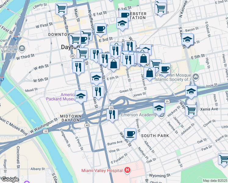 map of restaurants, bars, coffee shops, grocery stores, and more near 35 Green Street in Dayton