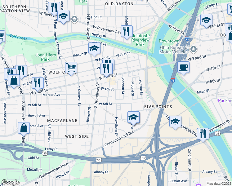 map of restaurants, bars, coffee shops, grocery stores, and more near 11 Hawthorn Street in Dayton