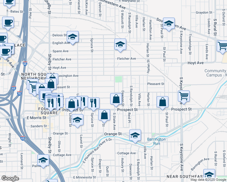map of restaurants, bars, coffee shops, grocery stores, and more near 1623 Pleasant Street in Indianapolis