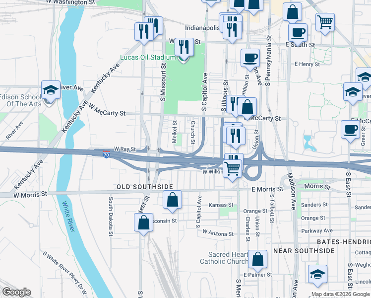 map of restaurants, bars, coffee shops, grocery stores, and more near 943 Church Street in Indianapolis