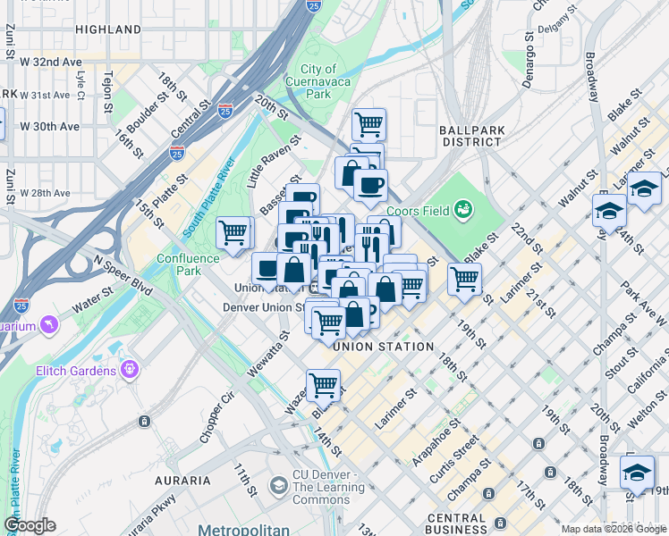 map of restaurants, bars, coffee shops, grocery stores, and more near 1750 Wewatta Street in Denver