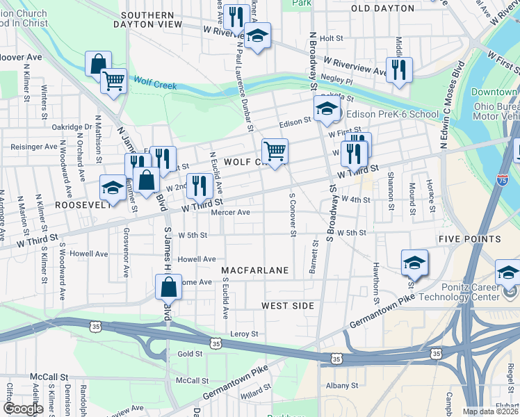 map of restaurants, bars, coffee shops, grocery stores, and more near 321 Mercer Avenue in Dayton