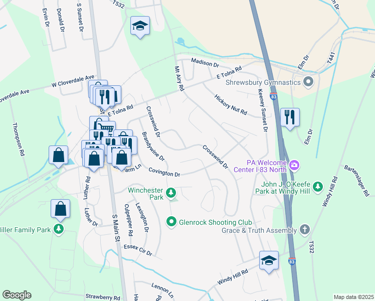 map of restaurants, bars, coffee shops, grocery stores, and more near 38 Crosswind Drive in Shrewsbury
